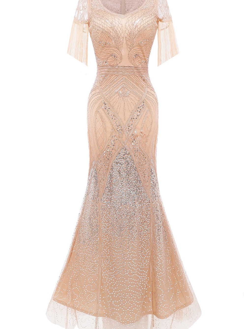 Embellished Peach Maxi Dress with Fringe Sleeves